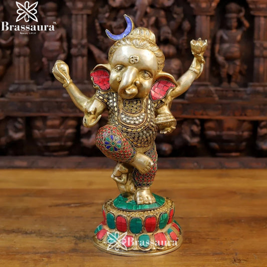Brass Gem Stone Work Dancing Ganesha Weight 8 Kg & Height 15 Inch
