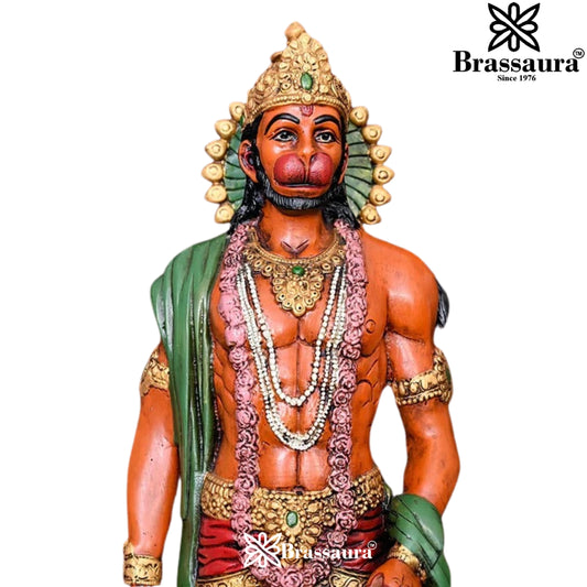 Brassaura® Hanuman Standing Idol with Handpainted Multi-Colour Finish | Pure Superfine Brass Handcrafted Murti | Brass Statue for Home Temple, Pooja Room | Height 23 Inches | Weight 12.2 Kgs