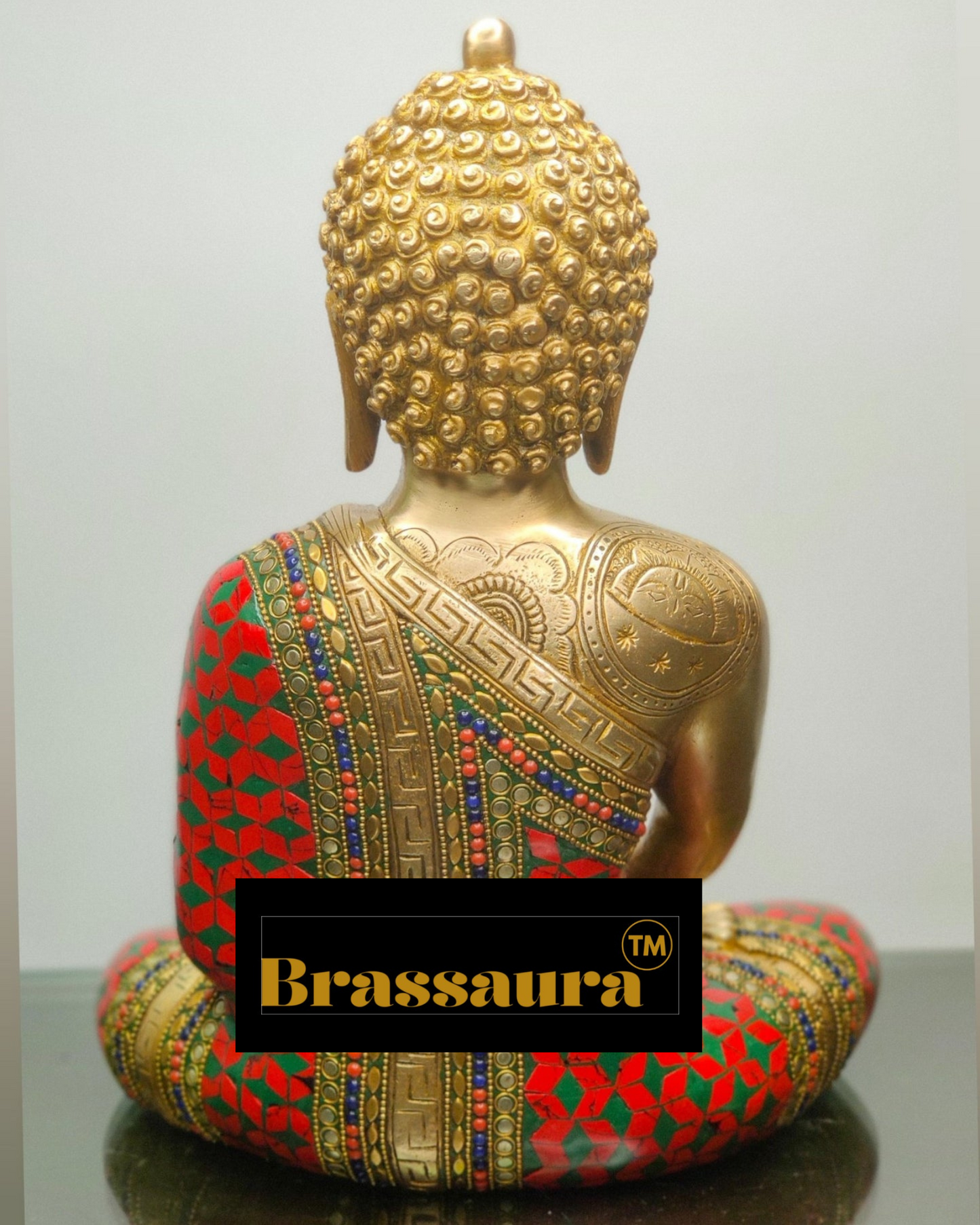 Brassaura™ Brass Meditating Buddha Statue in Dhyaan Mudra – Height 12 Inches | Weight 6.5 Kgs | Meenakari Stonework