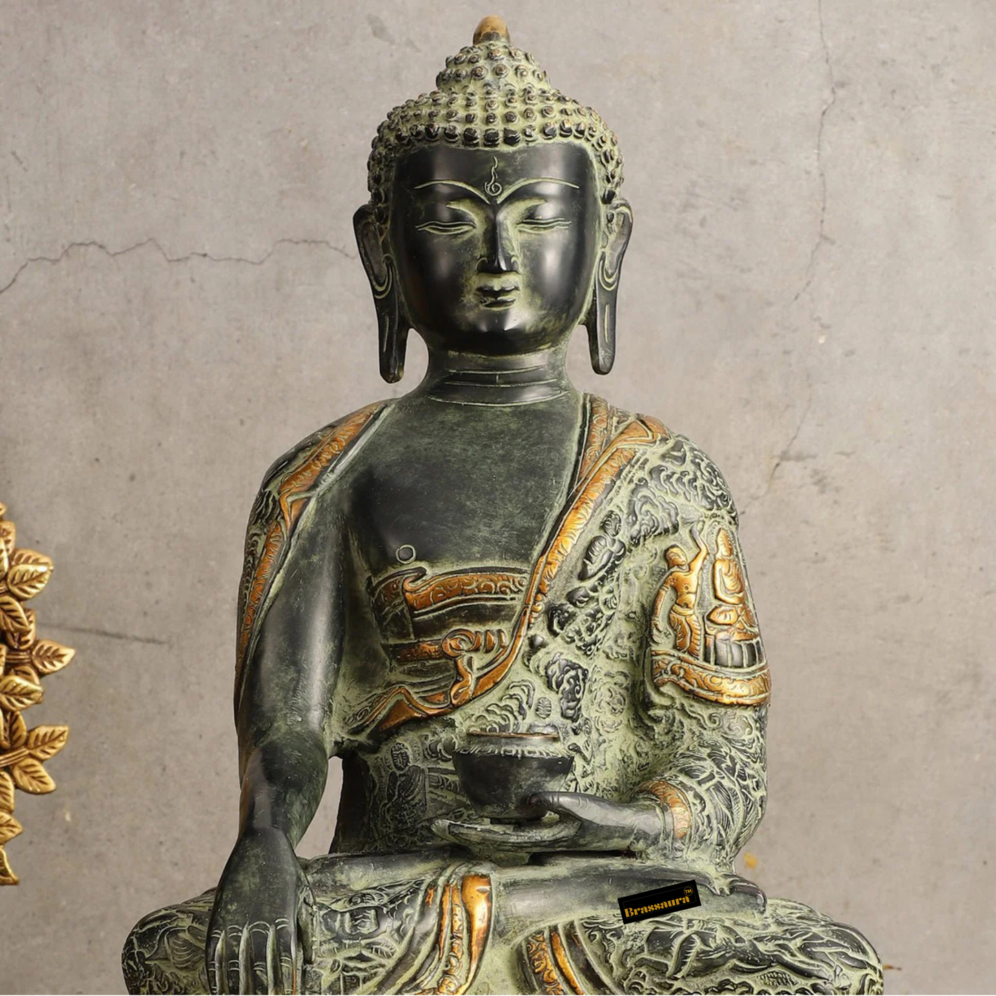 Brassaura™ Pure Brass Buddha in Bhumisparsha Mudra – Antique Sand Finish – Height 15.5 Inches, Weight 7.81 Kgs