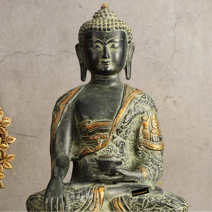Brassaura™ Pure Brass Buddha in Bhumisparsha Mudra – Antique Sand Finish – Height 15.5 Inches, Weight 7.81 Kgs
