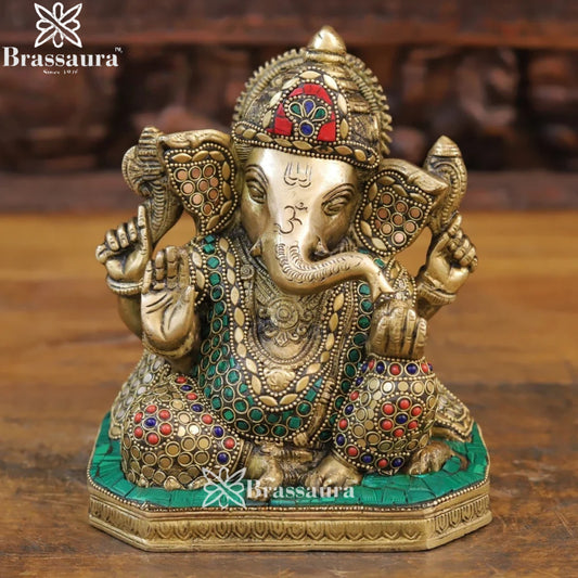 Brass Gem Stone Work Ganesha Weight 3.88 Kg & Height 7.5 Inch