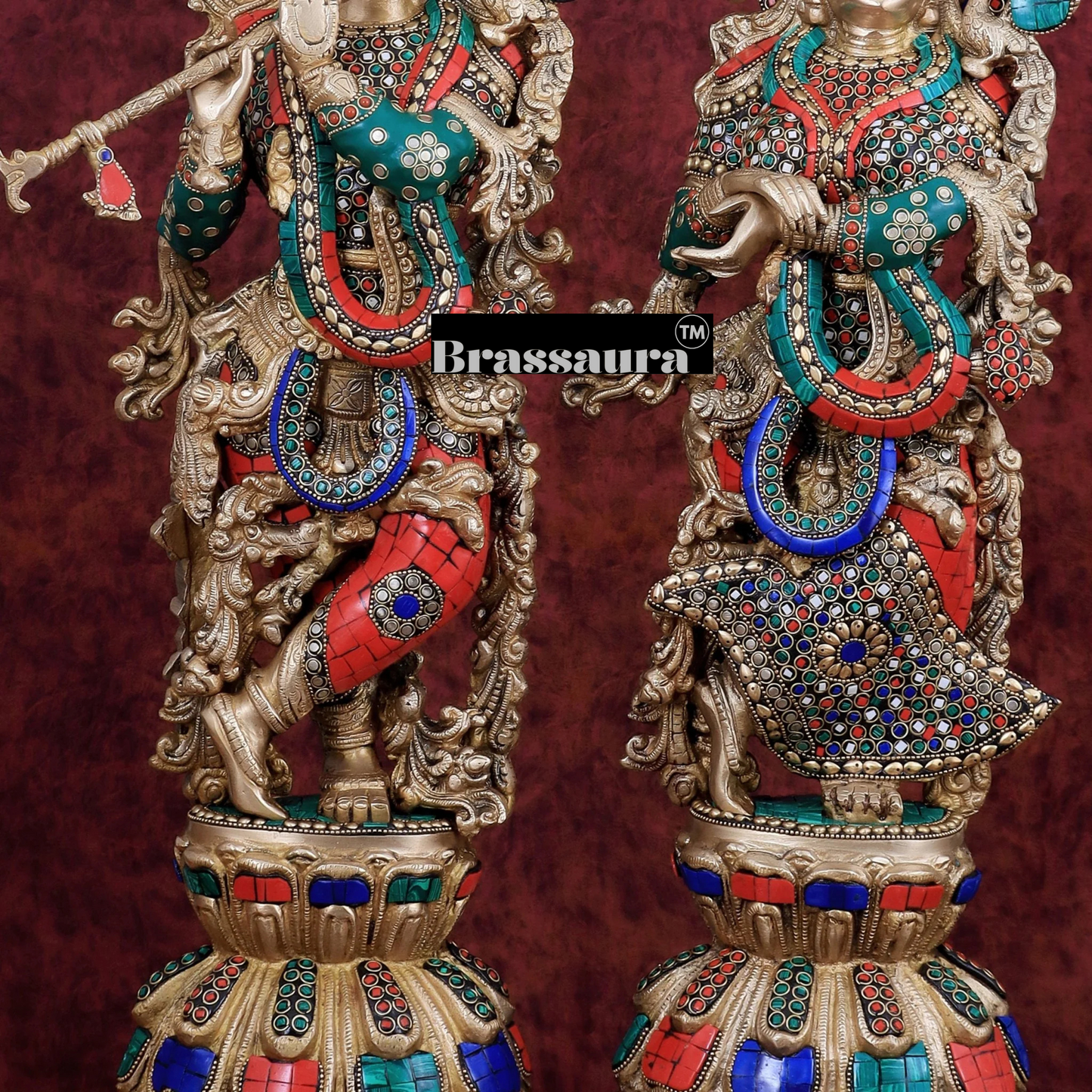 Brassaura™ Brass Radha Krishna Idol Pair – Height 21 Inches & Weight 18 Kgs | Handcrafted Devotional Statues