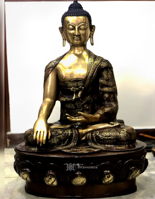 Brassaura™ Pure Brass Large Buddha Statue with Engraved Life Story – Height 33 Inches, Weight 48 Kgs
