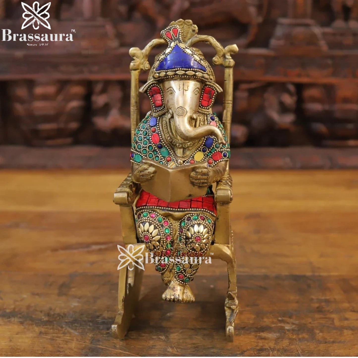 Brass Gem Stone Work Chair Ganesha Weight 3.56 Kg & Height 11 Inch
