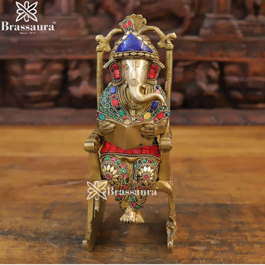 Brass Gem Stone Work Chair Ganesha Weight 3.56 Kg & Height 11 Inch