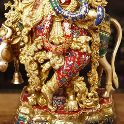 Brass Gem Stone Work Cow Krishna Murti Weight 23.77 Kg And Height 26 Inch