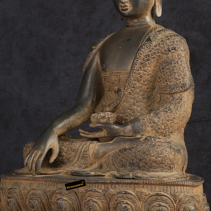 Brassaura™ Pure Brass Buddha Statue – Earth Touching Mudra with Medicine Bowl – Height 16 Inches, Weight 11 Kgs
