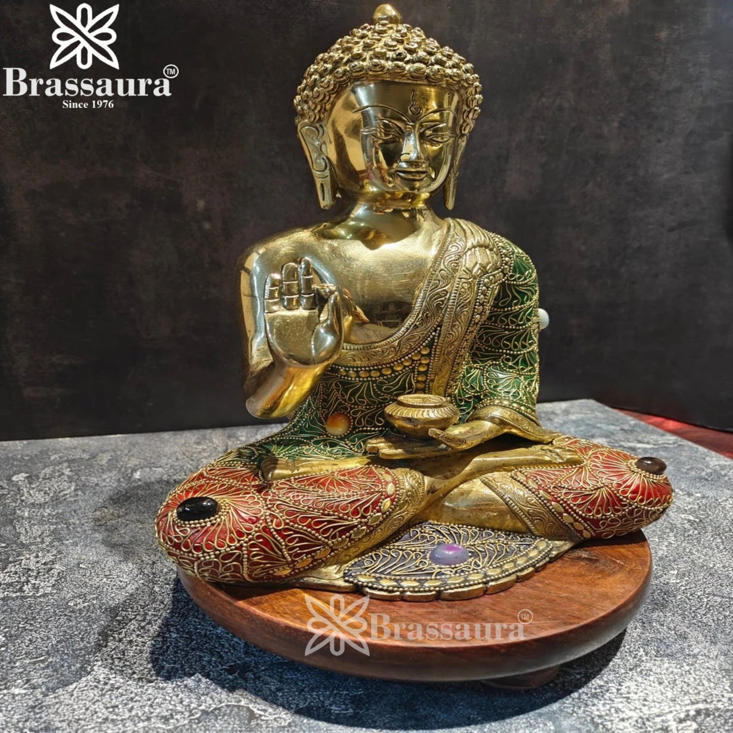 Brass Blessing Gem Stone Work Buddha Weight 5.8 kg & Height 12 Inch