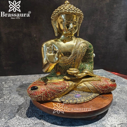 Brass Blessing Gem Stone Work Buddha Weight 5.8 kg & Height 12 Inch