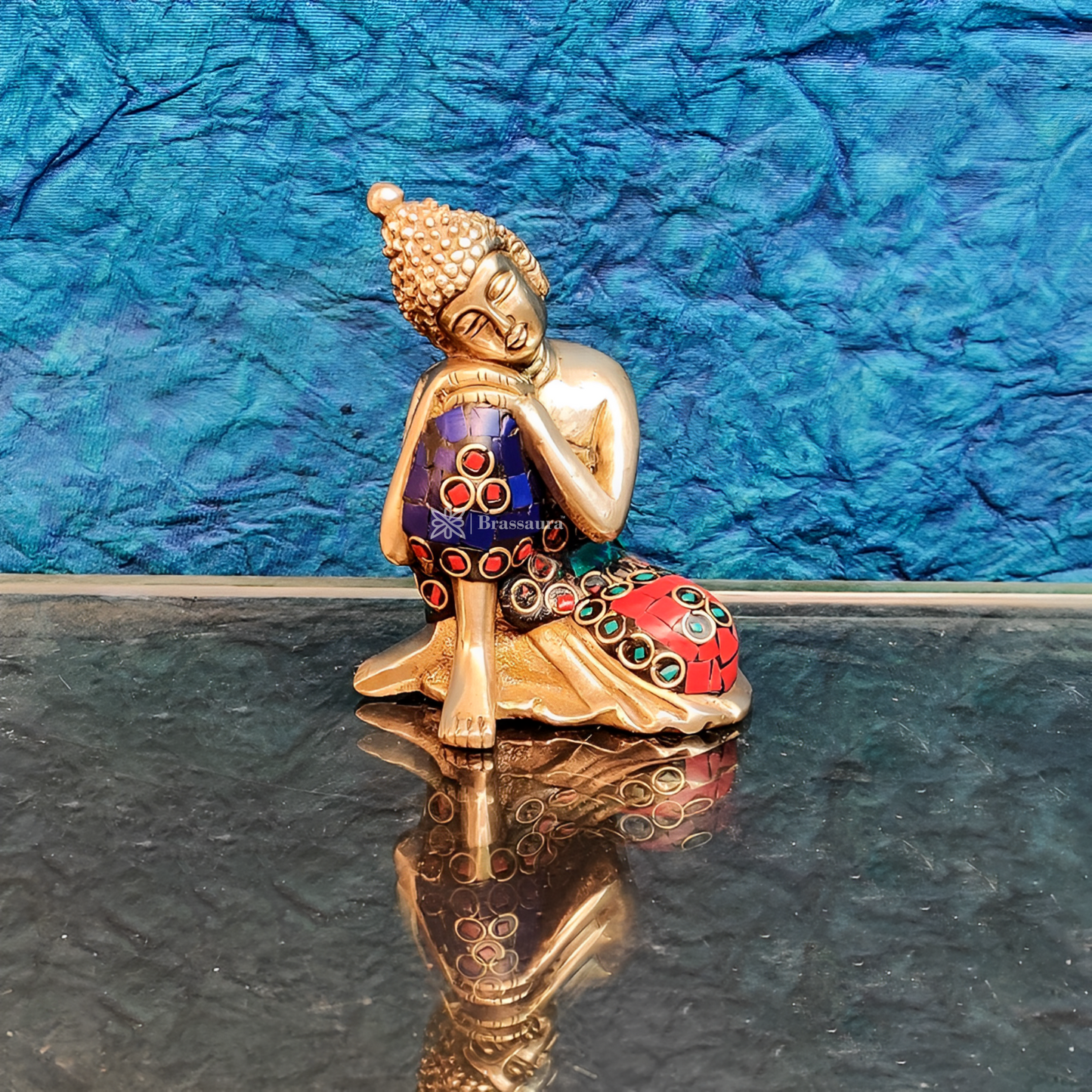 Brassaura™ Brass Thinking Buddha Statue – Height 4 Inches | Weight 0.6 Kgs | Meenakari Stonework