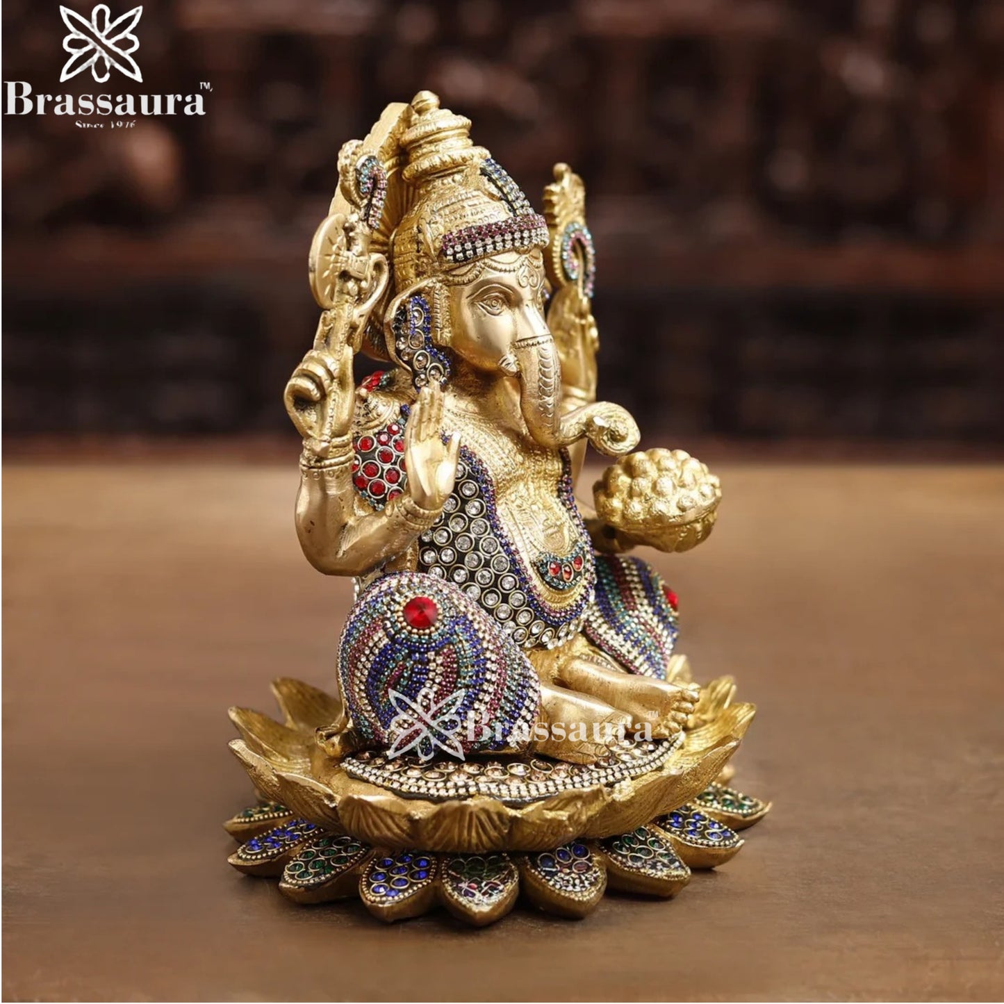 Brass Gem Stone Work Ganesha Weight 5.4 Kg & Height 9.5 Inch