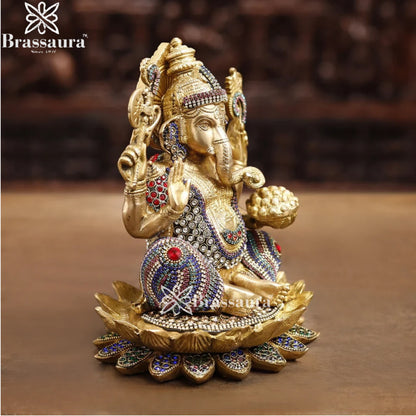 Brass Gem Stone Work Ganesha Weight 5.4 Kg & Height 9.5 Inch
