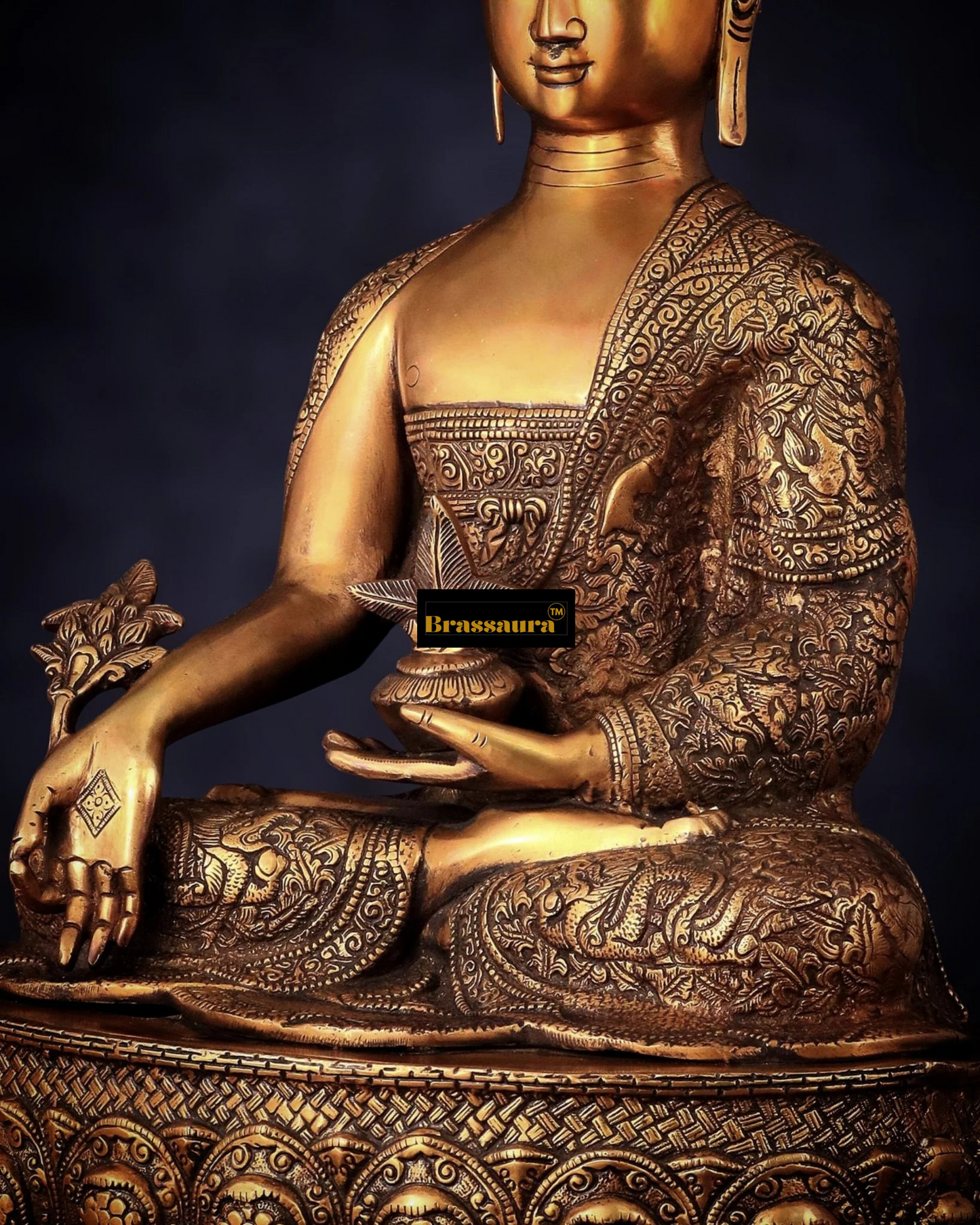 Brassaura™ Pure Brass Buddha Idol with Robe Carvings – Height 22 Inches, Weight 18 Kgs