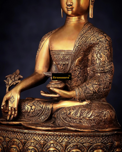 Brassaura™ Pure Brass Buddha Idol with Robe Carvings – Height 22 Inches, Weight 18 Kgs