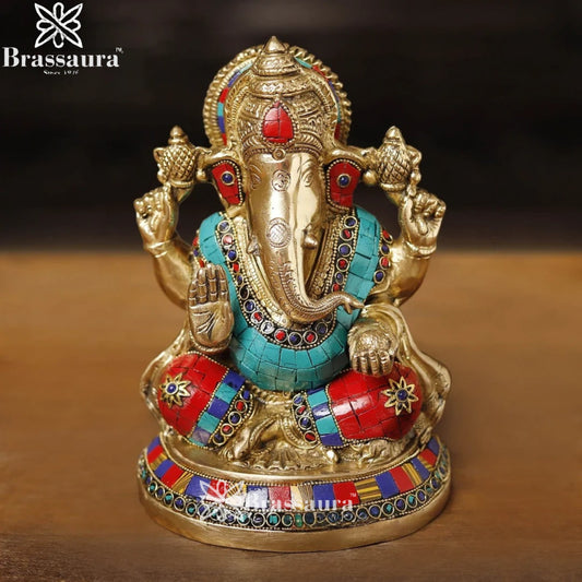 Brass Gem Stone Work Ganesha Weight 3 Kg & Height 8 Inch