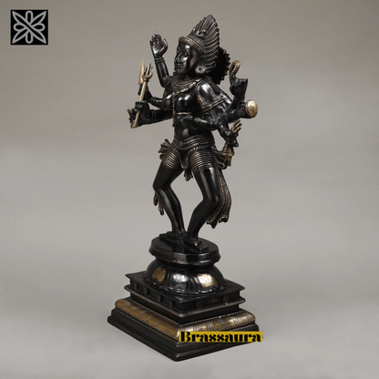 Brassaura™ Brass Kaal Bhairav Idol Standing on Pedestal – 23.5 inch | 14.15 kg | Deep Black with Golden Finish for Home & Temple Decor