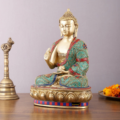 Brassaura™ Brass Buddha Statue with Stonework – Height 12 Inches, Weight 5.5 Kgs