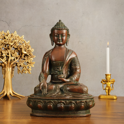Brassaura™ Pure Brass Medicine Buddha Antique Tone Sculpture – Height 12 Inches, Weight 4.58 Kgs