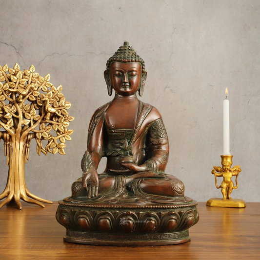 Brassaura™ Pure Brass Medicine Buddha Antique Tone Sculpture – Height 12 Inches, Weight 4.58 Kgs