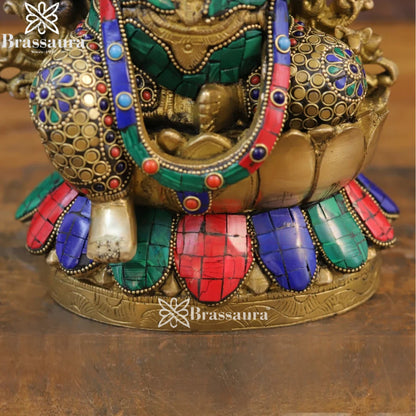 Brass Gem Stone Work Lotus Ganesha Weight 5.36 Kg & Height 12 Inch