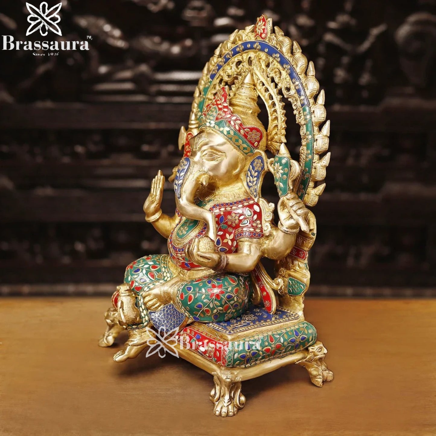 Brass Gem Stone Work Ring Ganesha Weight 19.6 Kg & Height 20 Inch