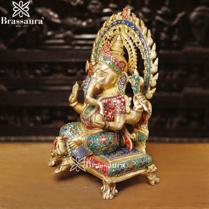 Brass Gem Stone Work Ring Ganesha Weight 19.6 Kg & Height 20 Inch