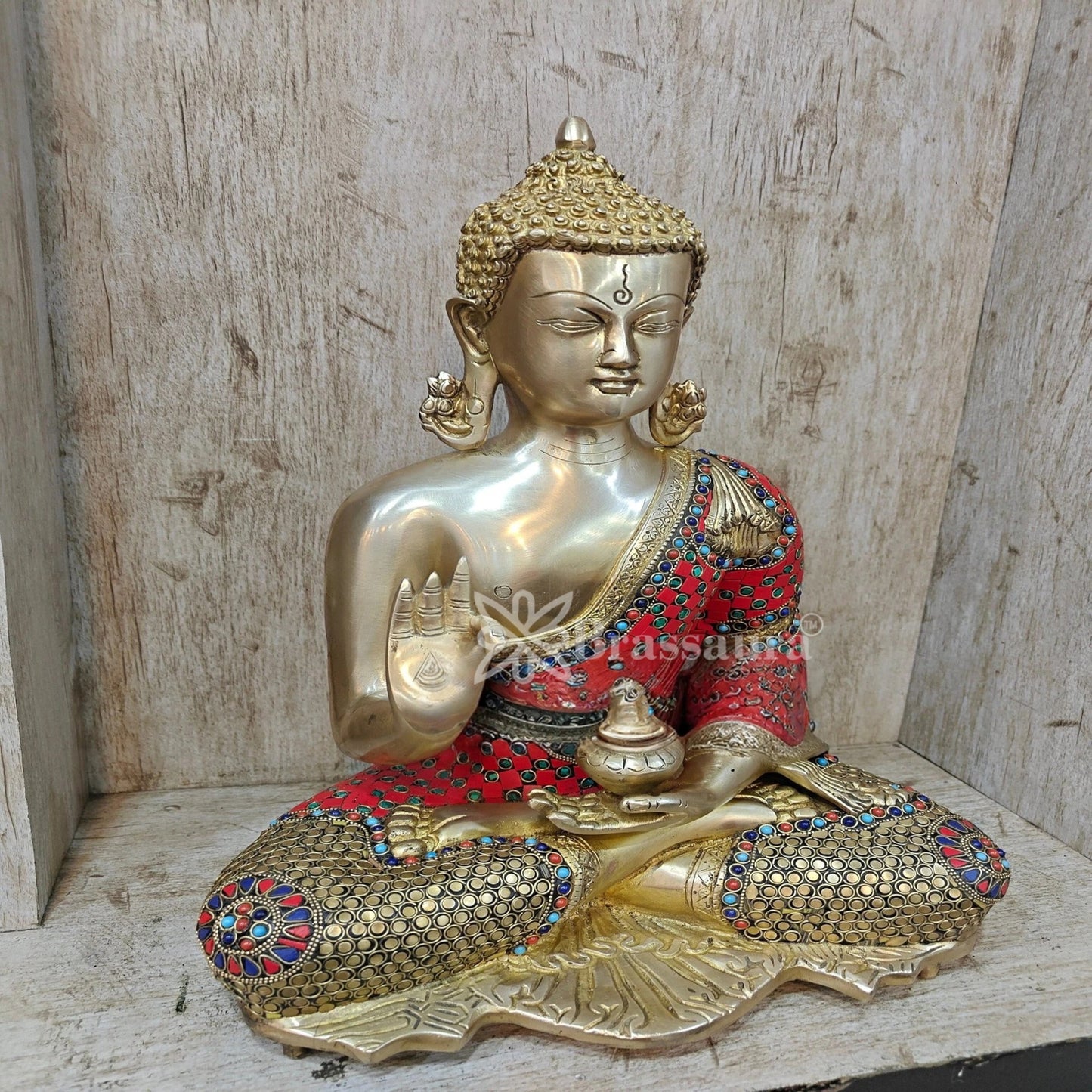 Brass Blessing Gem Stone Work Buddha Weight 10.5 kg & Height 16 Inch