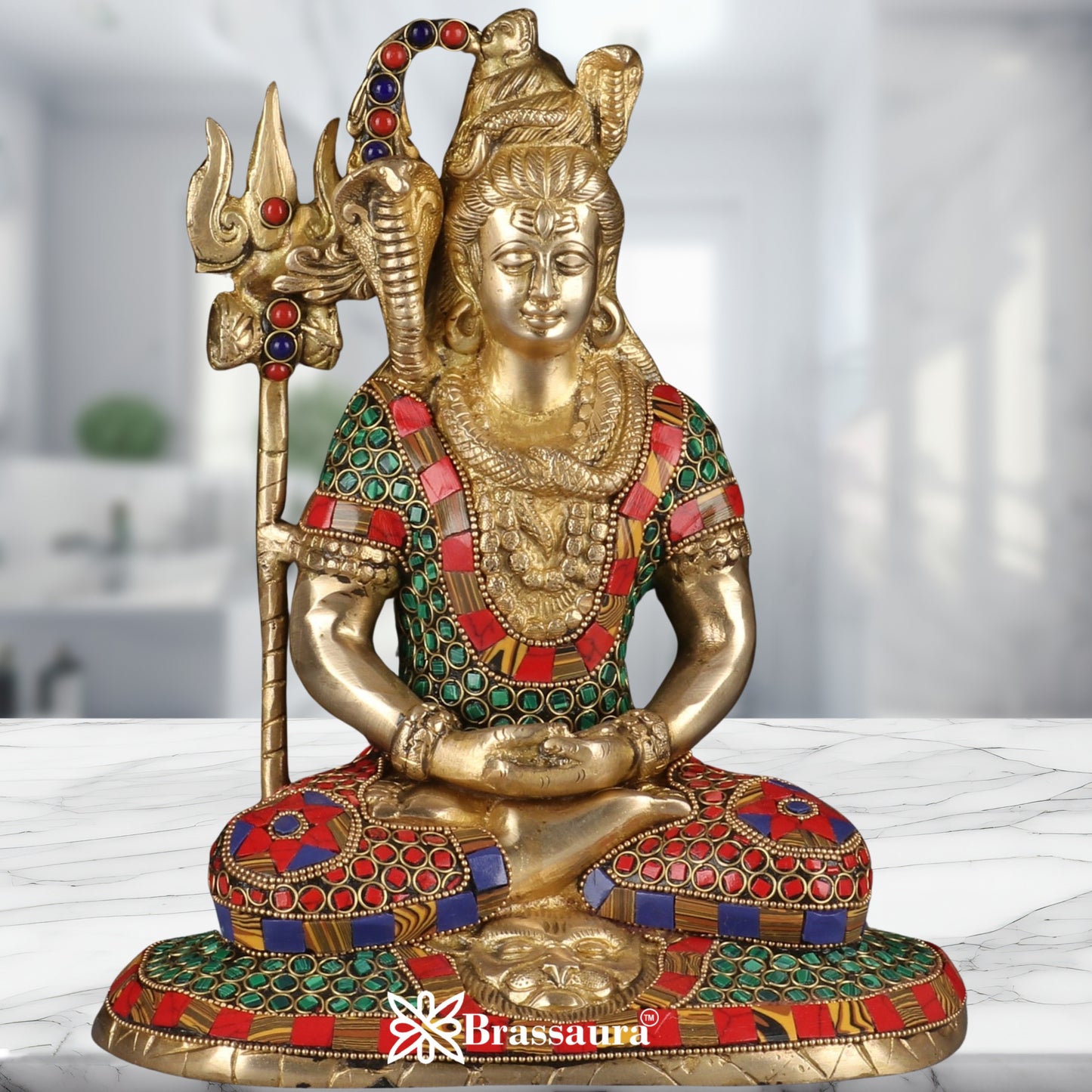 Brassaura™ Gemstone Decorated Brass Lord Shiva Statue – Height 10 Inches & Weight 4.3 Kgs | Spiritual Home Accent