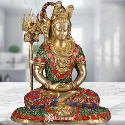 Brassaura™ Gemstone Decorated Brass Lord Shiva Statue – Height 10 Inches & Weight 4.3 Kgs | Spiritual Home Accent