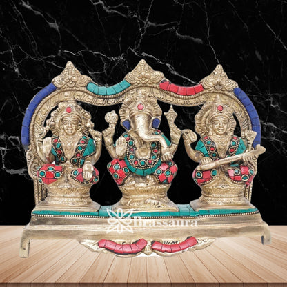 Brassaura™ Artistic Brass Gemstone Laxmi Ganesha Saraswati Statue – Height 7 Inches & Weight 3.8 Kgs | Puja Room Idol