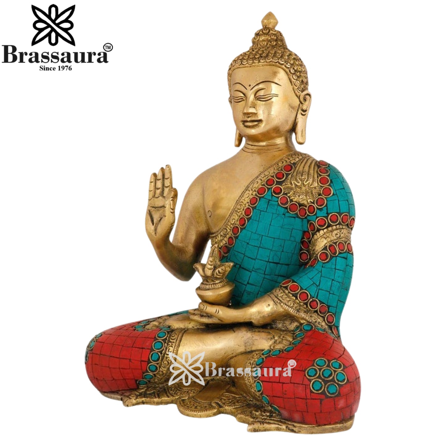Brass Blessing Gem Stone Work Buddha Weight 4.2 kg & Height 10 Inch