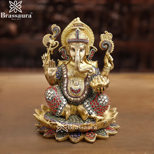 Brass Gem Stone Work Ganesha Weight 5.5 Kg & Height 9.5 Inch
