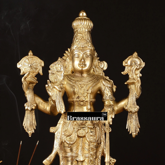 Brassaura® Handcrafted Brass Lord Vishnu Statue with Four Arms | 20 Inch Height | Golden Finish