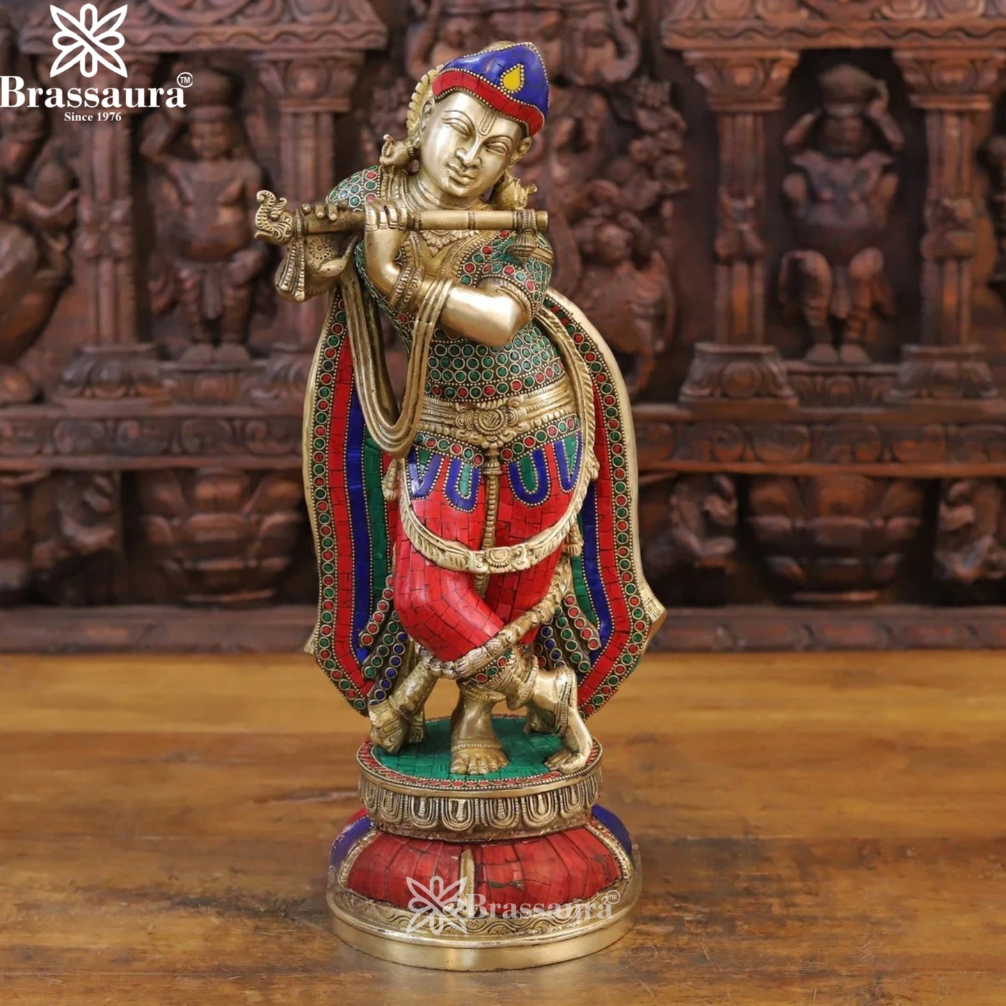 Brass Gem Stone Work Krishna Murti Weight 9.84 Kg And Height 18.5 Inch