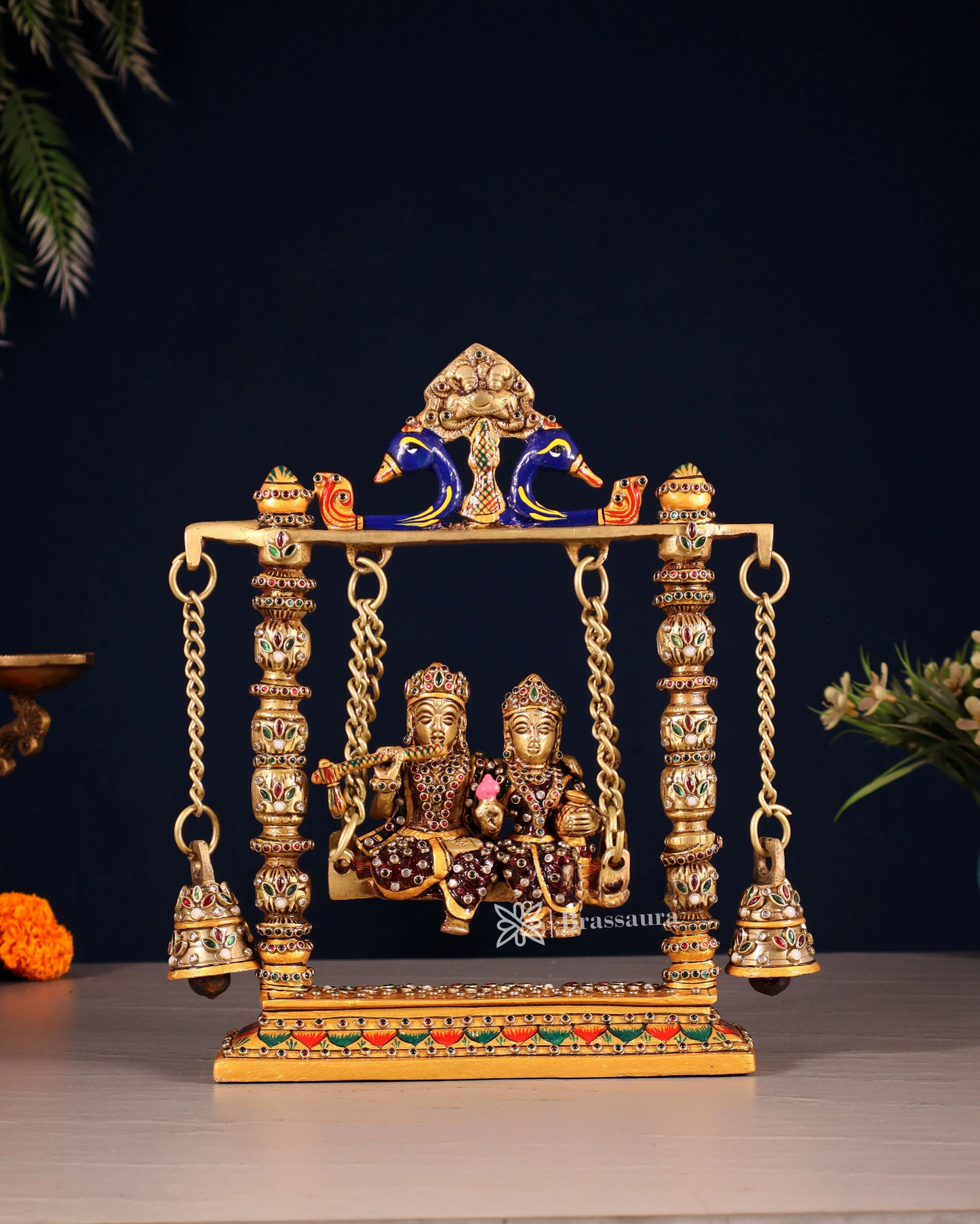 Brassaura™ Brass Radha Krishna Swing Idol with Laakh Meenakari – Height 10 Inches & Weight 2.5 Kgs | Elegant Devotional Statue