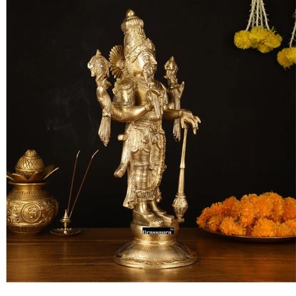 Brassaura™ Handcrafted Brass Lord Vishnu Statue with Four Arms | 20 Inch Height | 12 KG Weight | Golden Finish