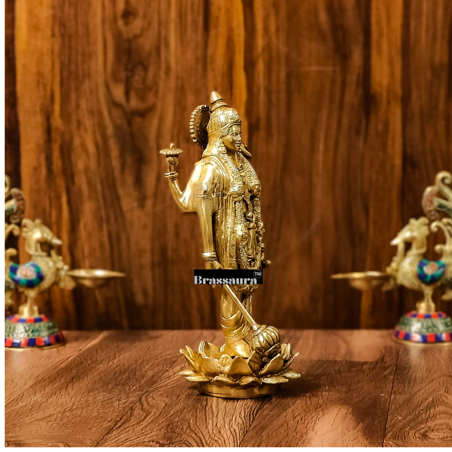 Brassaura™ Handcrafted Brass Lord Vishnu Statue on Lotus Base | 12 Inch Height | 4 KG Weight | Intricate Detailing