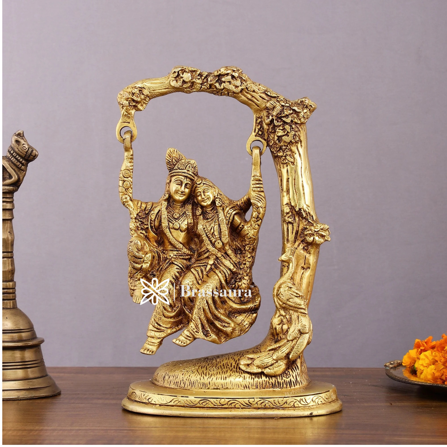 Brassaura™ Pure Brass Radha Krishna Swing – 10.5" Height | 3.10 kg – Divine Tree-Hung Idol for Home Décor