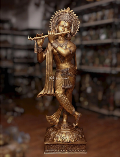 Brassaura™ Life-Size Lord Krishna Brass Statue – Height 79" | Weight 148 Kgs