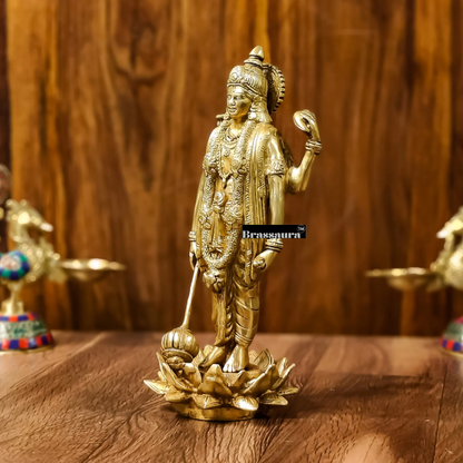 Brassaura™ Handcrafted Brass Lord Vishnu Statue on Lotus Base | 12 Inch Height | 4 KG Weight | Intricate Detailing