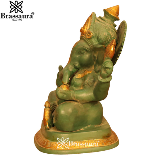 Brassaura® Ekdanta Ganesha Brass Idol | Vintage Green & Gold Finish | Height 13.5 Inches