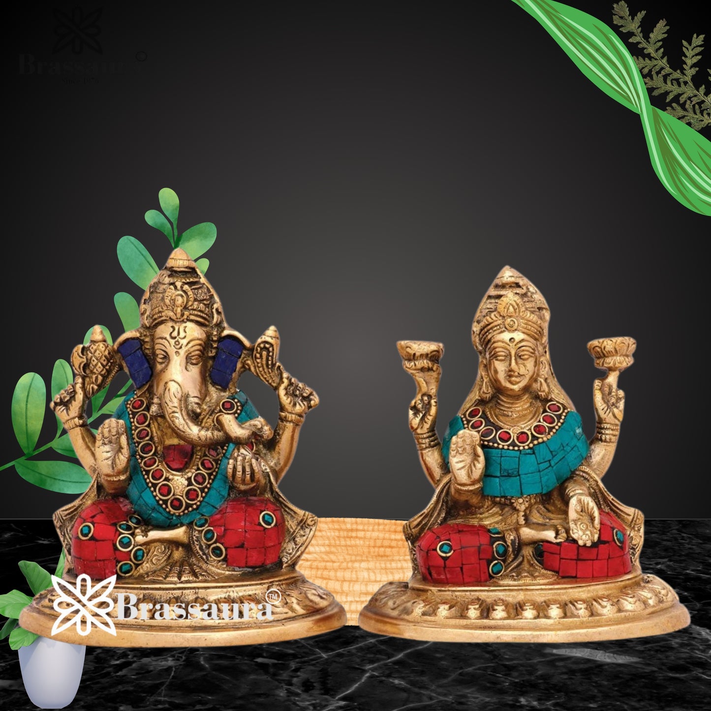 Brass Gem Stone Work Lakshmi Ganesh Weight 2.5 kg & Height 6 Inch
