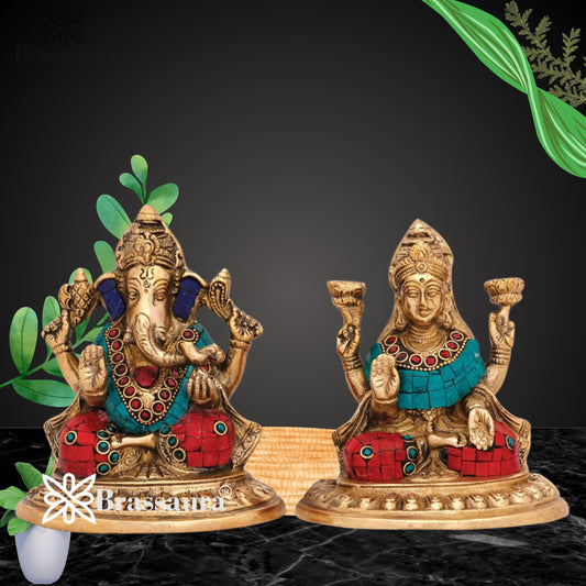 Brass Gem Stone Work Lakshmi Ganesh Weight 2.5 kg & Height 6 Inch