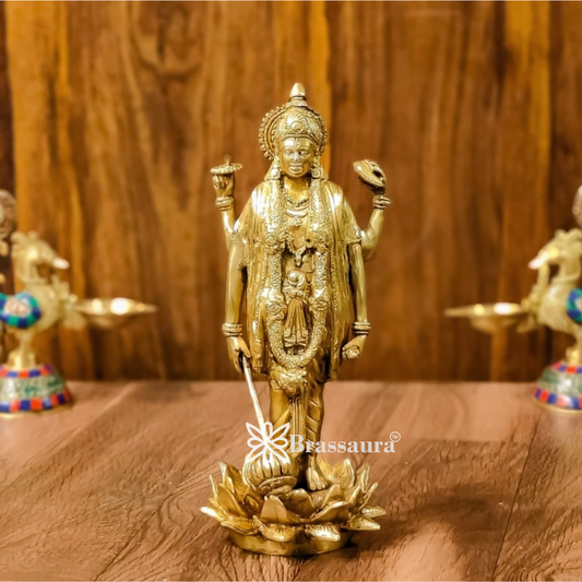 Brassaura™ Handcrafted Brass Lord Vishnu Statue on Lotus Base | 12 Inch Height | 4 KG Weight | Intricate Detailing