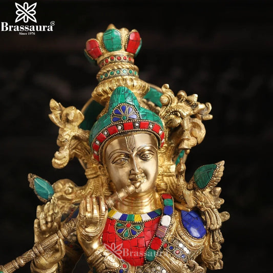 Brassaura® Lord Krishna Playing Flute Idol with Multi-Color Stonework Finish | Pure Superfine Brass Handcrafted Murti | Brass Statue for Home Temple, Pooja Room | Height 26 Inches | Weight 19.08 Kgs