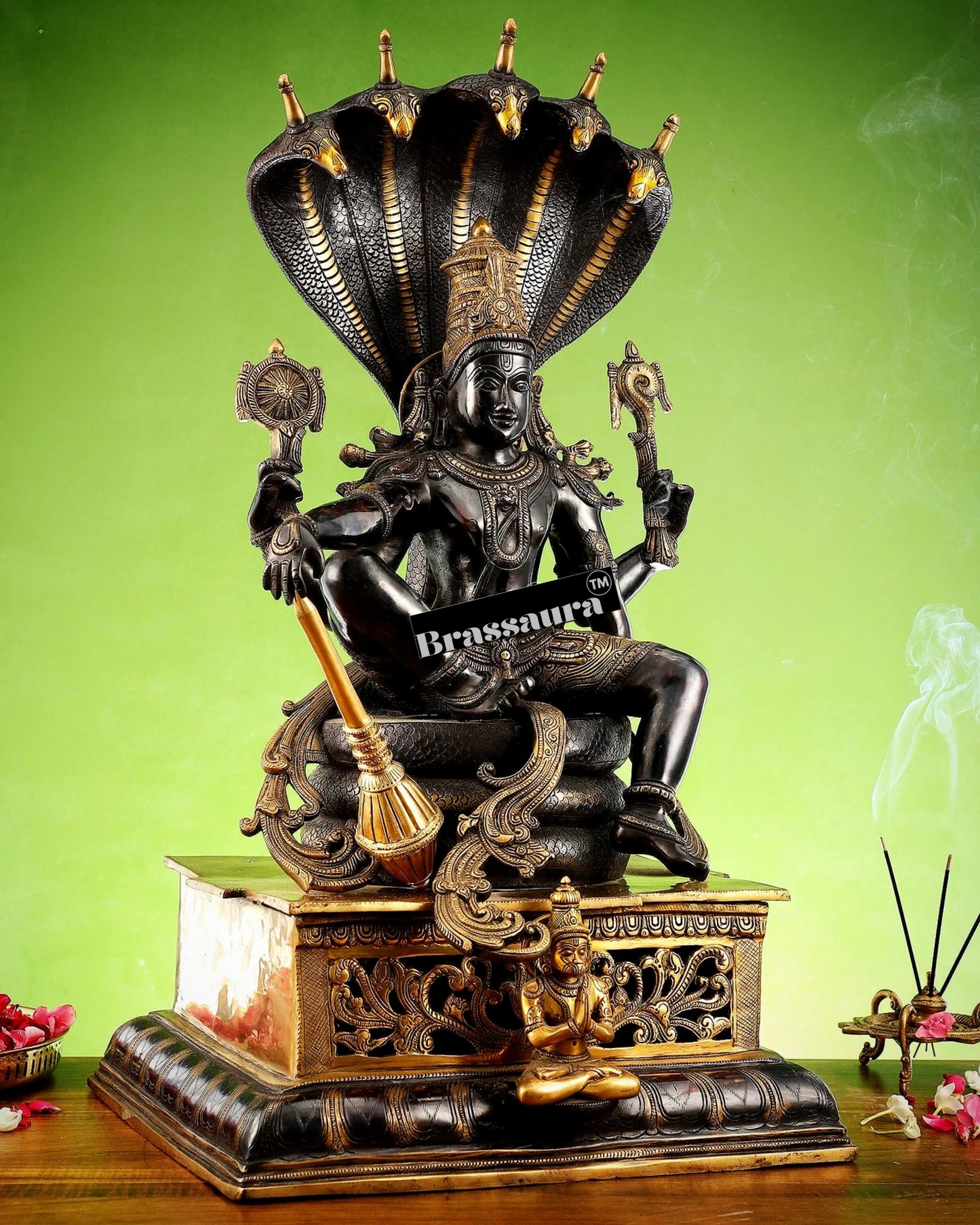Brassaura™ Superfine Brass Lord Vishnu Idol Seated on Engraved Pedestal with Sheshanaag and Hanuman | 29 Inch Height | 35 KG Weight