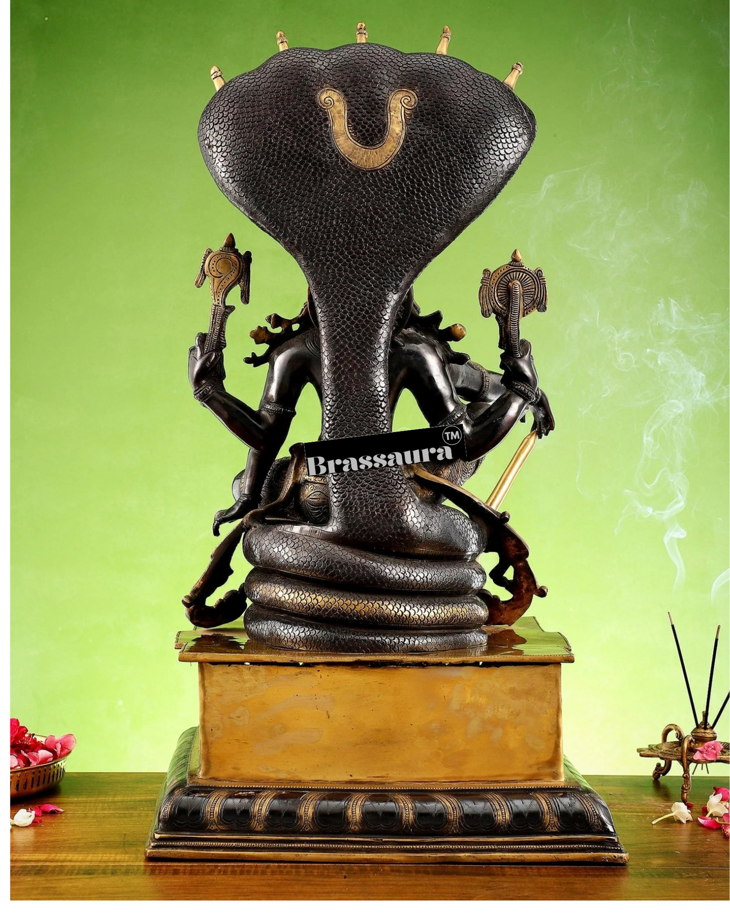 Brassaura™ Superfine Brass Lord Vishnu Idol Seated on Engraved Pedestal with Sheshanaag and Hanuman | 29 Inch Height | 35 KG Weight