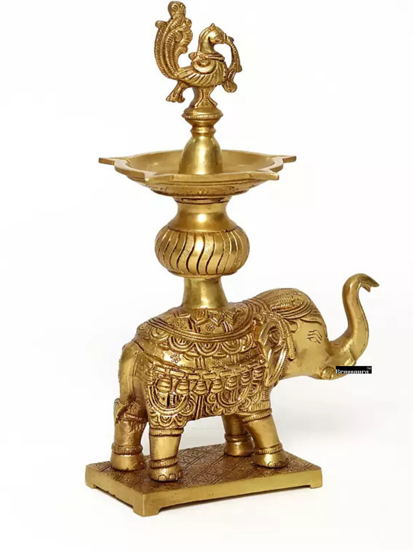 Brassaura™ Peacock Oil Lamp on Elephant Stand Brass Statue – Height 11.81 inches | Weight 2.62 kgs