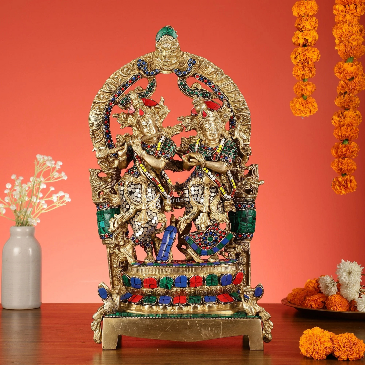 Brassaura™ Brass Radha Krishna Idol Pair with Peacocks & Prabhavali – Height 17.5 Inches & Weight 10 Kgs | Divine Devotional Statue
